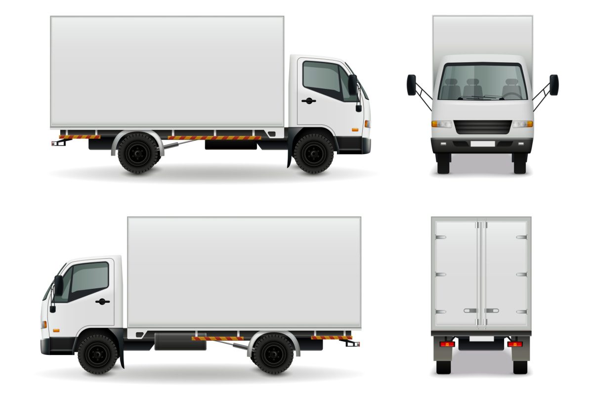 Lorry with blank surface realistic advertising mockup side view, front and rear on white background vector illustration